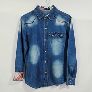 Meters/bonwe Blue Western Pearl Snap Denim Shirt L Cowgirl Indie Boho Western